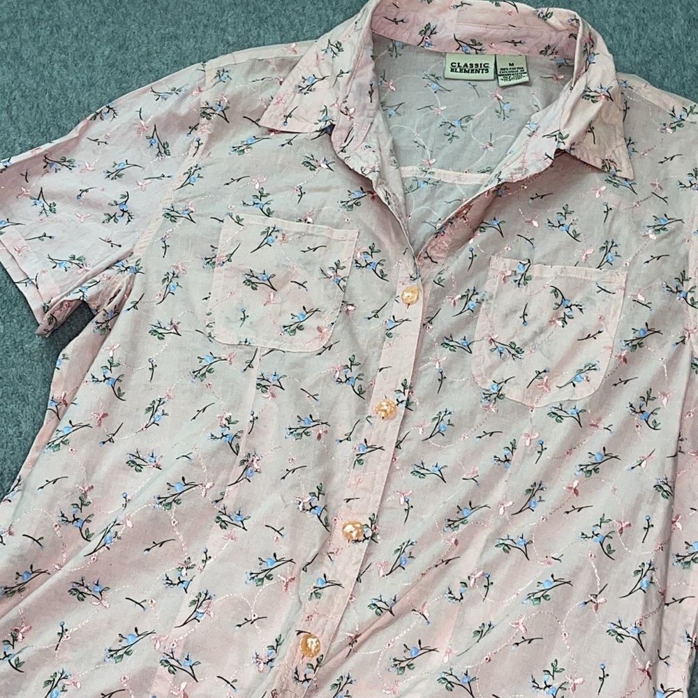 Pink Floral Embroidered Button Top Medium Fairy Cottagecore Casual Summer